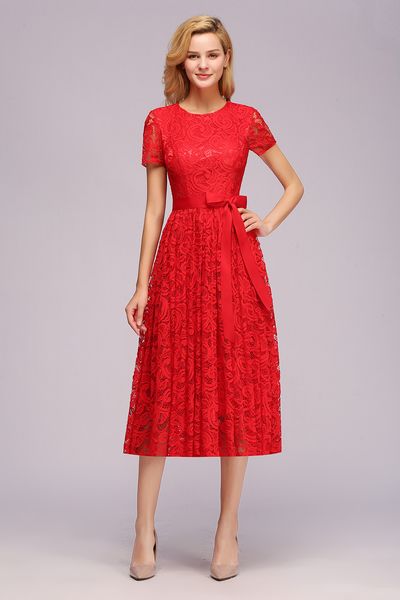 

stock dark navy lace mother of bride groom dress tea length a line cap sleeve jewel neck formal evening prom gowns cps1154, Black;red
