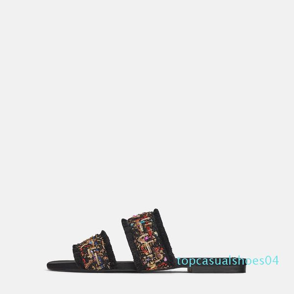 

2019 new summer women slippers mules shoes peep-toe flat tassel mules slides woman cozy summer outerwear balck beach flip flop t04, Black