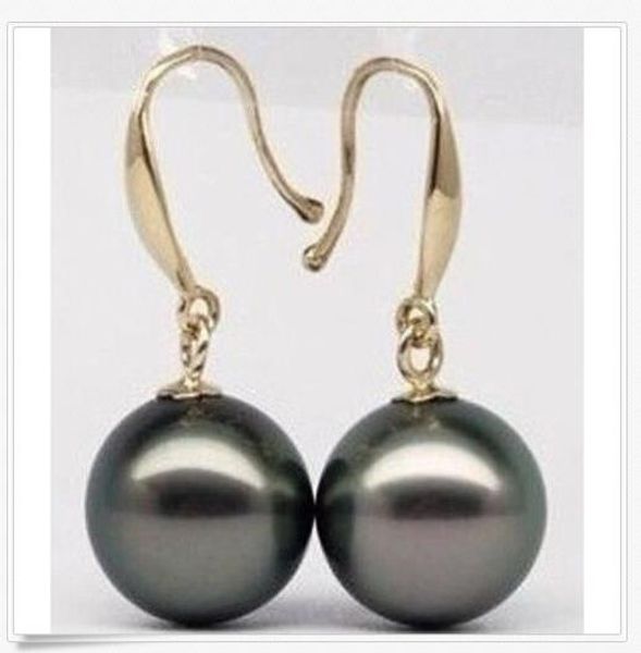 

aaa10-11mm perfect round black south sea pearl dangle earring 14k gold marked, Silver