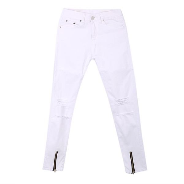 

fashion men's jeans men boys ripped hole zipped pocket slim stretch solid white causal denim pencil jeans, Blue