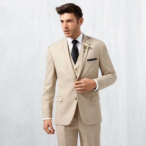 Marka Yeni Bej Erkekler Düğün Smokin Çentik Yaka Slim Fit Damat Smokin Mükemmel Erkekler Ceket Blazer 3 Parça Suit (Ceket + Pantolon + Kravat + Yelek) 2468