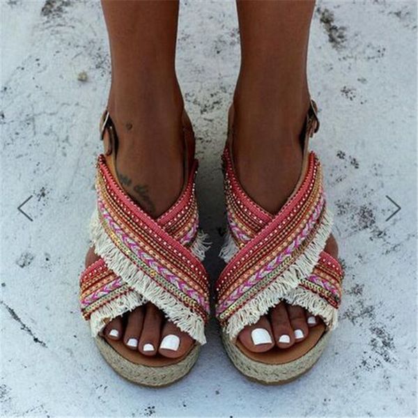 

summer women tassel beading buckle design beach shoes sandals bohemian ladies thick bottom roman gladiator sandals shoes, Black