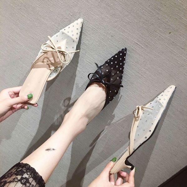 

fashion pointed shoes mesh cloth bow stiletto shoes rhinestones baotou mules, Black