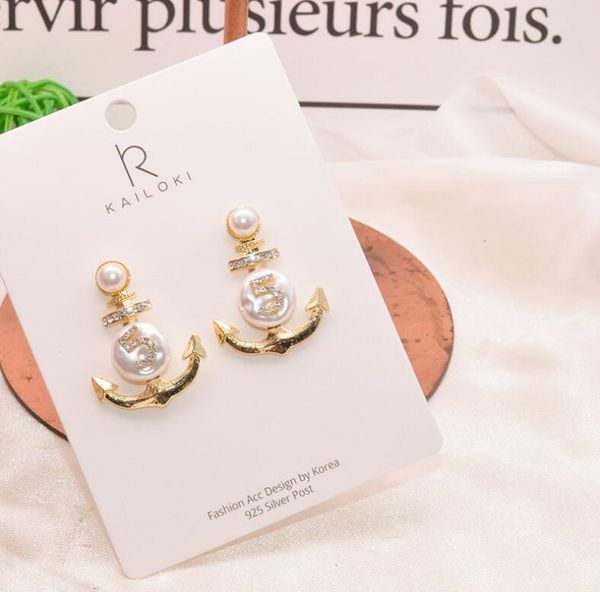 

fashion- silver pin retro sense irregular irregular pearl diamond anchor shape earrings atmospheric digital rhinestone earrings, Gray