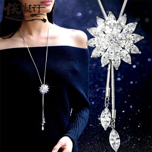 

european and american fashion long sunflower sweater chain fully-jewelled wild long adjustable crystal accessories pendant, Silver