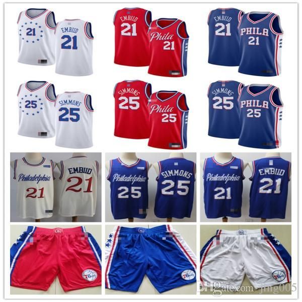 

mens philadelphia 76ers 21 joel embiid 25 ben simmons white blue red basketball jersey basketball shorts, Black;red