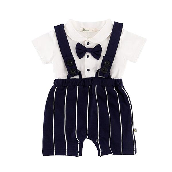 

infant baby gentleman strap design short sleeve rompers kids with bowknot jumpsuit newborn clothes, Blue