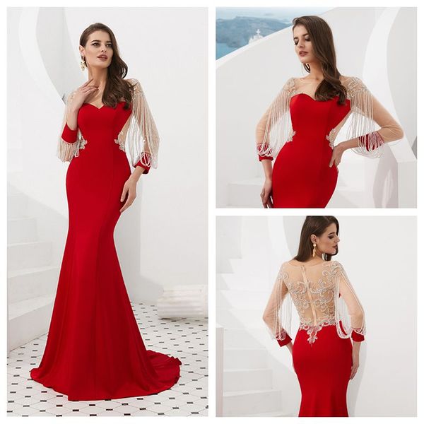 

mf008 совок с длинным рукавом красный вечернее платье с кистями с major бисероплетение sexy пром платье sheer назад русалка вечерние платья, Black;red