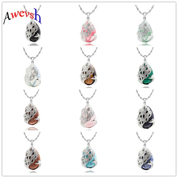 

awevsh 2019 new multicolor natural water drop crystal stone pendant necklace fashion peacock pendant necklace for women jewelry, Silver