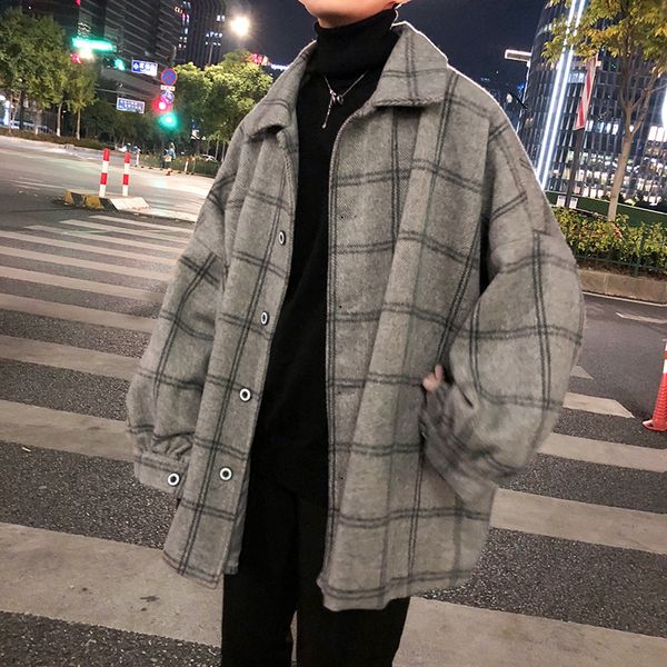 

2019 korean autumn winter men fashion tide lattice woolen blends overcoat lapel loose casual warm plaid coat outerwear male s, Black