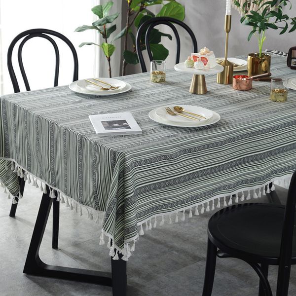 

nordic modern tablecloths stripe printed nation wind celadon tassels table cloth art kitchen table cloth dining cover