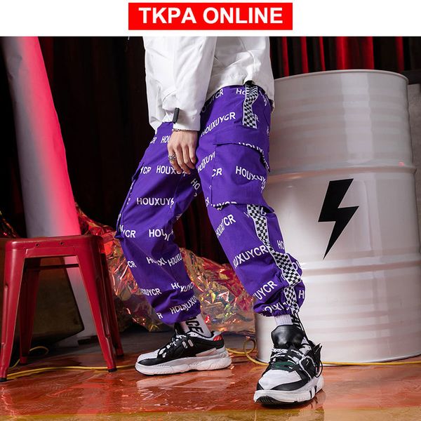 

men streetwear side striped joggers pants 2020 mens hip hop checkerboard pockets sweatpants black trousers track pants