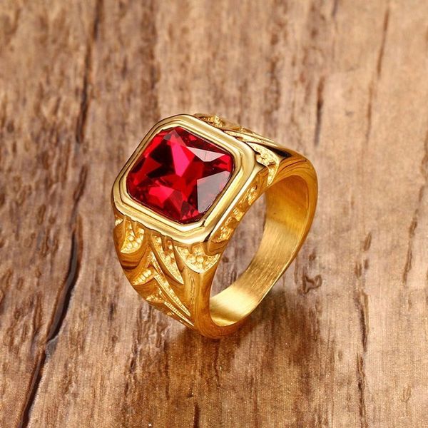 

mens fire red cubic zirconia crystal rings for men gold tone stainless steel engraving male hip-hop jewelry, Silver