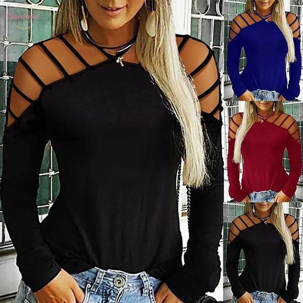 

womens designer t shirts new women solid color hollow out off shoulder long sleeve t shirt loose top, White