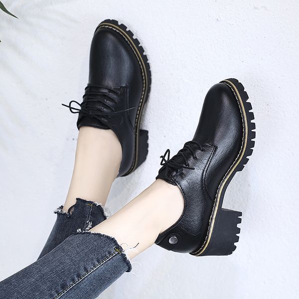 

new spring fashion solid oxford casual shoes woman pu leather lace up women shoes plus size high heels platform ladies, Black