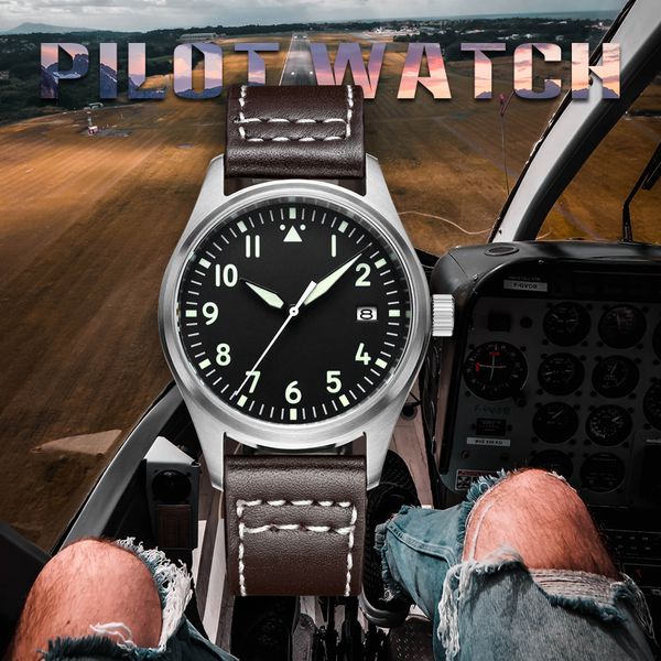 

pilot watch nh35 japan automatic mechanical mens wristwatch 316l stainless steel case c3 super nightlight luxury watch men, Slivery;brown