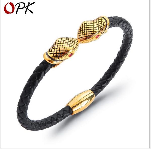 

jewelry titanium steel double snake head retro knitted leather bracelet fashion classic men's chao bracelet ring, Golden;silver
