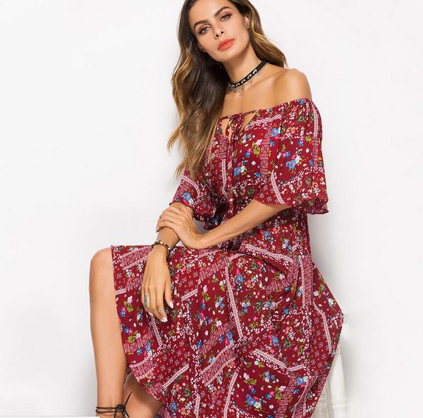 

fashion woman women's wear new bohemian style summer printing off shoulder dress large pendulum type longuette frenulum women's cl, White;black