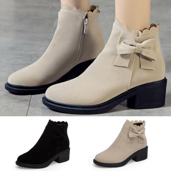 

women ladies ankle booties round toe solid boots casual zip bowknot shoes, Black