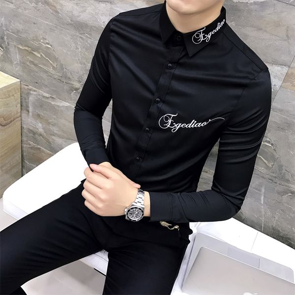 

quality camiseta masculina slim fit long sleeve dress shirt men embroidery letter black white casual mens social shirts 3xl, White;black
