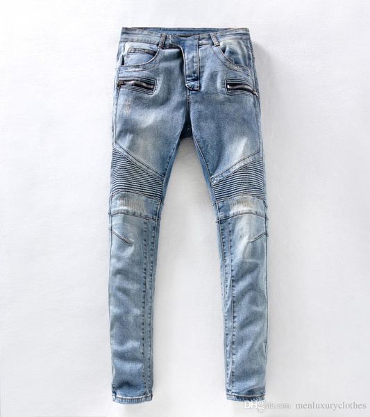 

bal mens jeans main brand male pencil jean trousers ripped slim fit street jeans, Blue