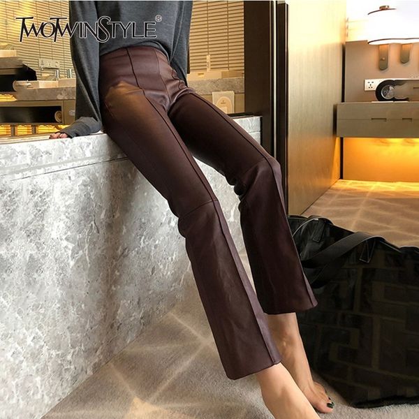 

twotwinstyle pu leather trousers for women high waist black ankle length flare pants female autumn fashion clothes 2020 new, Black;white