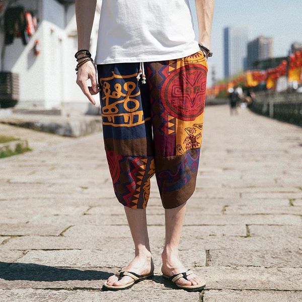 

16 моделей m-5xl плюс размер льняные брюки drawstring boho design beach цветочные повседневные льняные crapi шаровары мужчины xxxxxl, Black