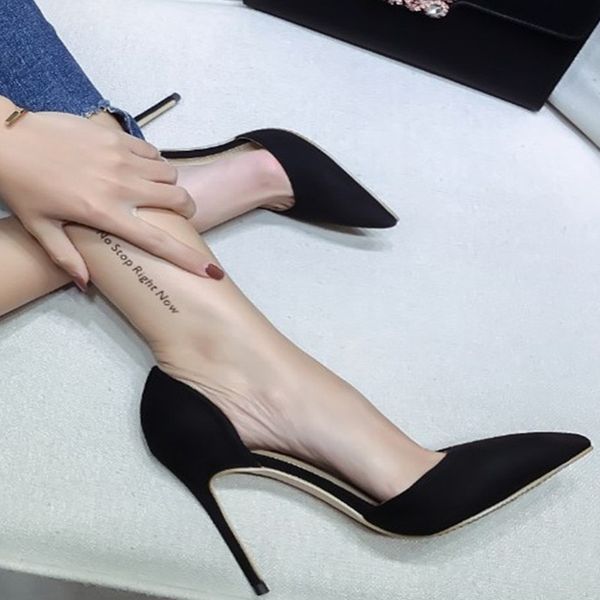 

pointed toe women pumps stiletto super 10cm thin high heels kid suede slip on women office dress shoes chaussures femme, Black