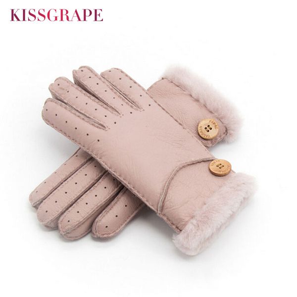 

brand new women winter warm real leather gloves ladies wool mittens gloves for women sheep fur, Blue;gray