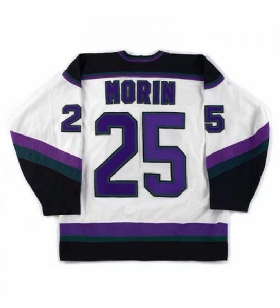 

custom men's 1994 95 ahl manitoba moose 25 stephane morin hockey jersey white stitched logos embroidered customized ing, Black;red