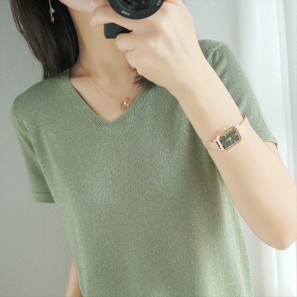 

women's v-neck ice silk short-sleeved shirt knitted women's 2020 loose short-sleeved base shirt solid color thin t-shirt, White