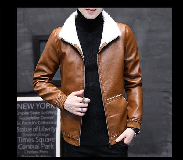 

mens autumn winter pu jacket lapel neck long sleeve solid color homme coats fashion zipper fly male thick clothing, Black;brown