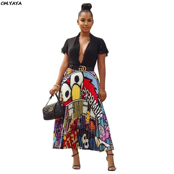 

2019 новый женский vintage character письмо печати высокая талия mid-теленок длина плиссированные юбки vintage big качели юбка 4 цвета ld827, White