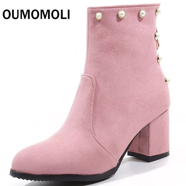 

brand design solid black brown pink women boots 2019 winter round head heels pearls ladies shoes warm plush a566