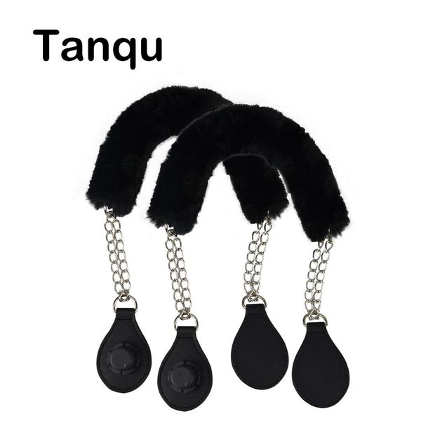

tanqu faux fur cover strap metal chain handle with tear drop end double chain handle for o bag for eva obag women bag, Black