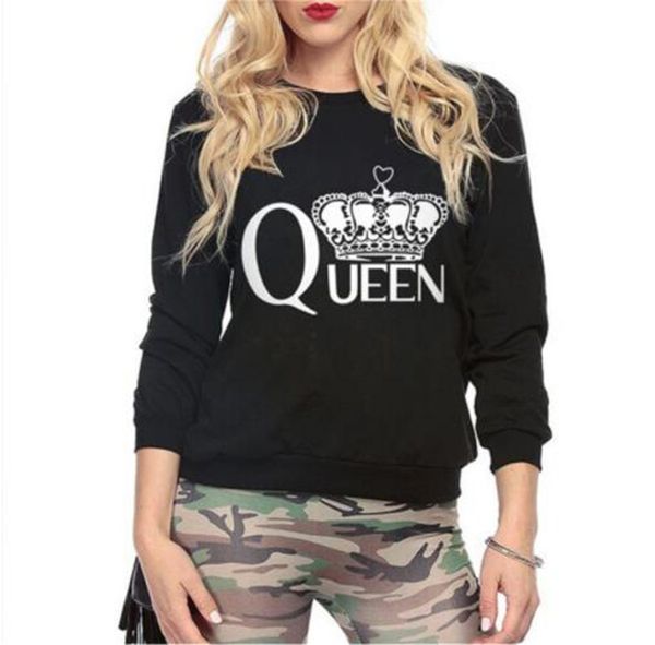 

женская осень дизайнер толстовки с круглым вырезом с длинным рукавом королева принт женская одежда мода стиль повседневная одежда, Black