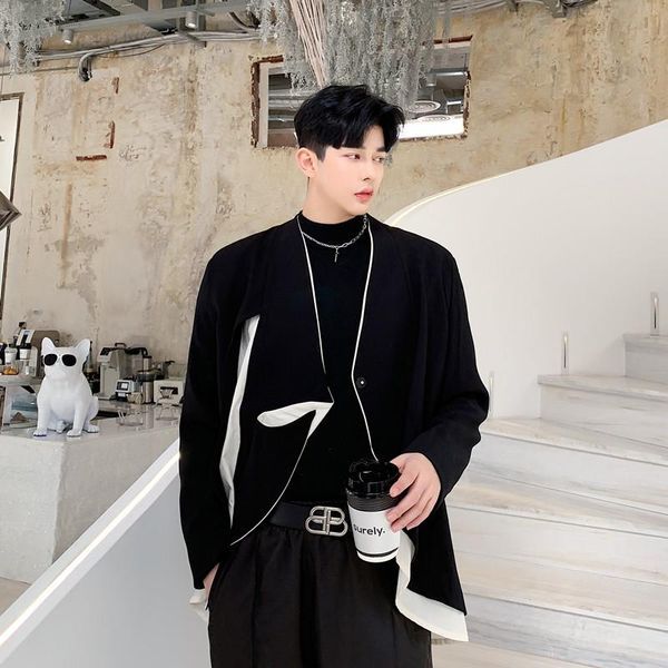 

m-xl2020 spring and autumn models dark personality black and white contrast color men's fake two small suits hairdresser suit j, White;black