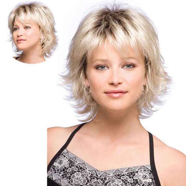 

european and american women's light blonde short curly hair fashion middle-aged and old women's wigs are fluffy and upturned, Black