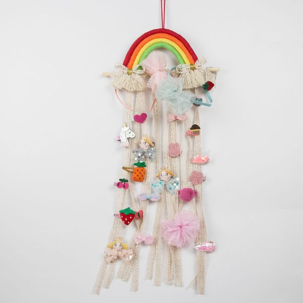 

rainbow cotton rope holder hair bows storage lace hair clips barrette hairband hanging organizer strip holder accessories, Slivery;white