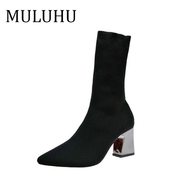

muluhu woman autumn new pattern women's shoes high with sharp elastic force boots in canister socks boots villus line fur, Black