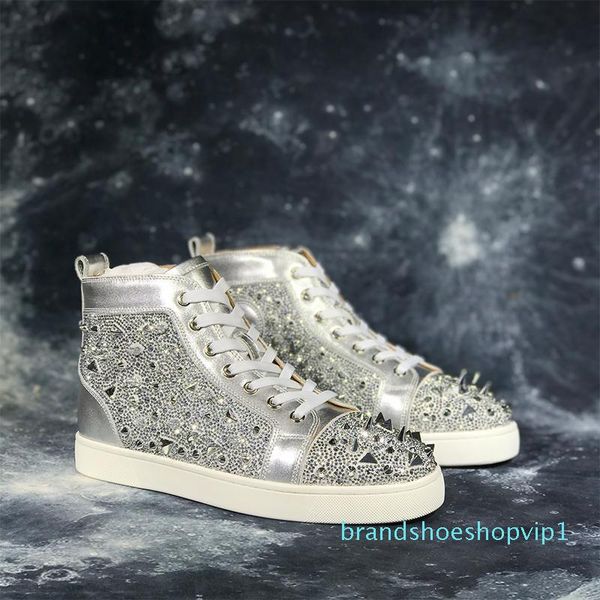 

new arrival casual shoe man woman sneaker fashion spikes rhinestone red bottom gold silver wedding designer rive shoes drop shipping v09, Black