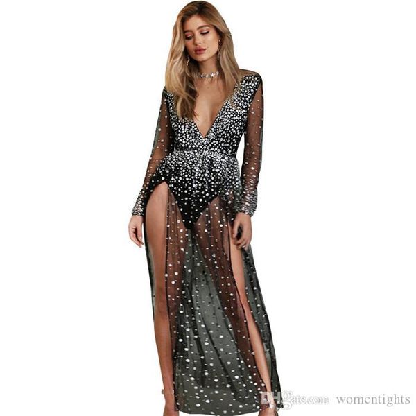 

люминесцентные сплит женщины платье глубокий v шеи блестки sheer sexy платья клуб лонг черное платье женский одежда, White;black