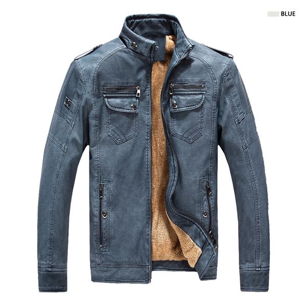 

pu leather jacket autumn and winter men's jacket leather plus velvet washed vintage leather winter faux fur male clothes, Black