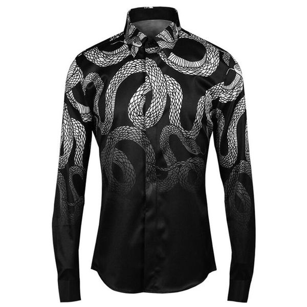 

fierce snake gothic style shirts men slim body cotton shirt turn down collar personality basic shirts -4xl casual clothing, White;black