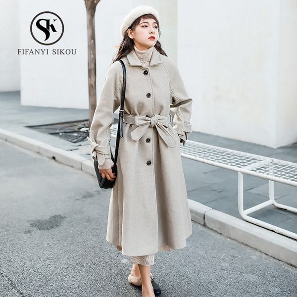 

autumn winter fashion women wool blend coats single breasted belt long coat elegant slim woolen coat womens thick warm outerwear, Black
