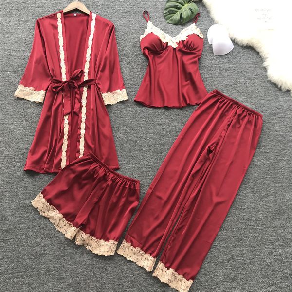 

4 pieces women's pajamas sets fashion suspenders lace embroidary lingerie pijamas sets with nightdress + bathrobes high quality, Blue;gray