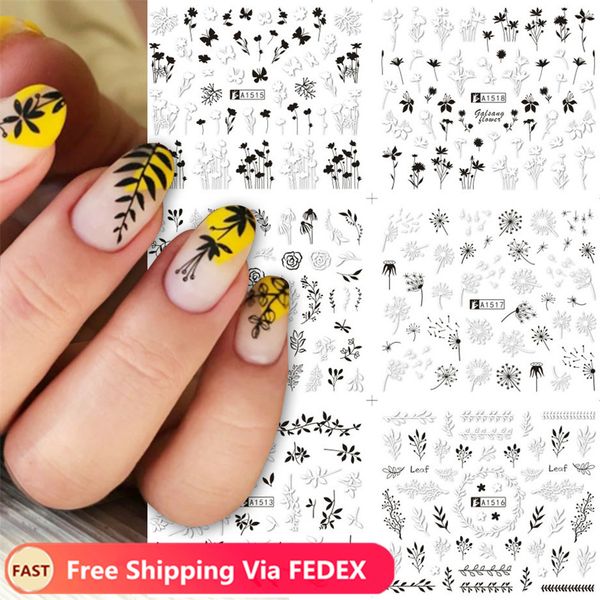 

12 styles/set love letter slider for nail art decorations sticker water transfer decal flower leaves girl manicure diy tips, Black