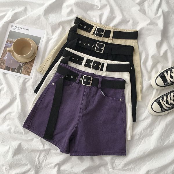 

safari style casual denim shorts summer women high waist pockets with belt fashion wide leg harajuku bottoms, White;black