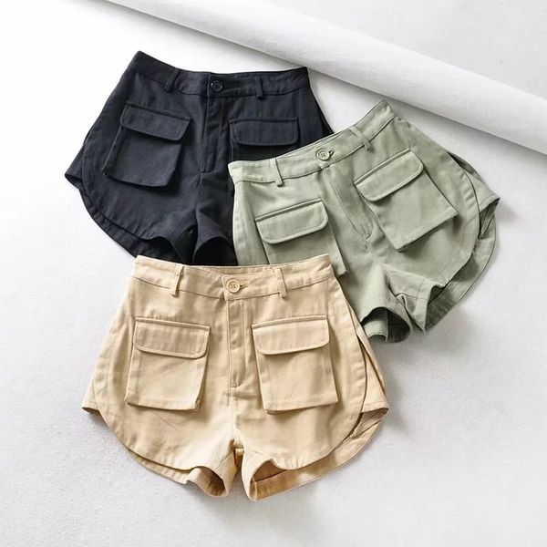 

ins fashion women cargo shorts vintage high waist khaki summer casual loose shorts motorcycle pockets women, White;black