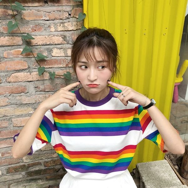 

women clothes tee shirt femme streetwear regenboog kleur strepen vrouwen t shirt casual half mouw losse regenboog gestreepte tee top, White